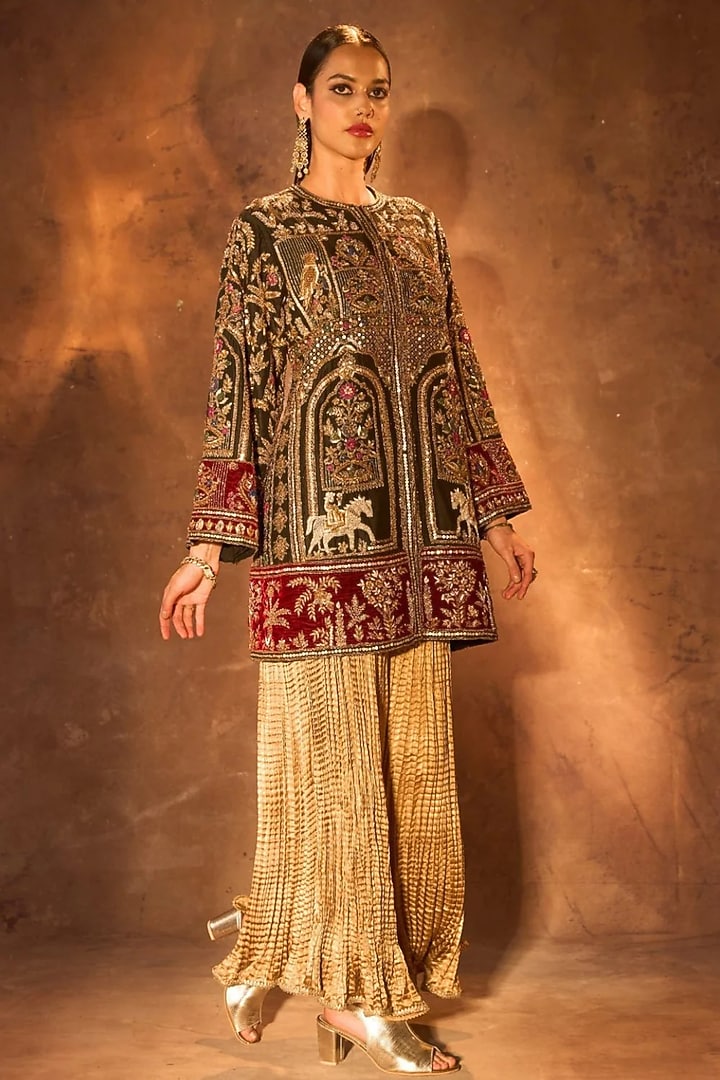 Black Silk Zardosi Embroidered Jacket by Dareaab by Sonia k Mahajan at Pernia's Pop Up Shop