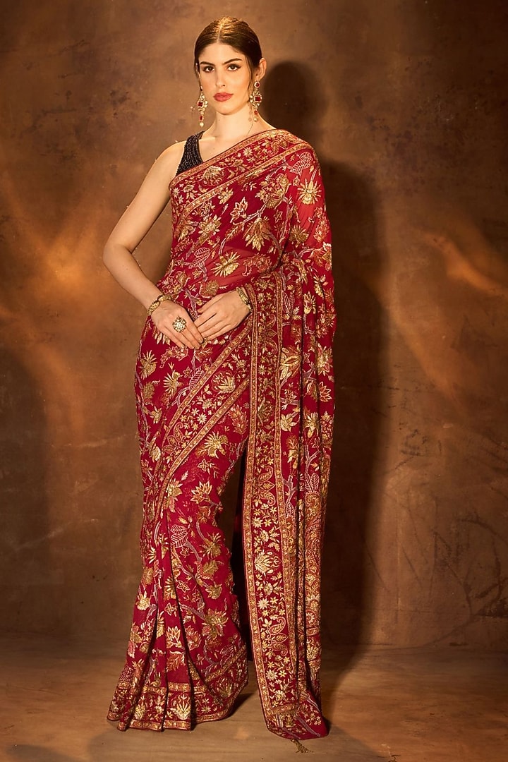 Wine Georgette Resham Embroidered Bridal Saree by Dareaab by Sonia k Mahajan at Pernia's Pop Up Shop