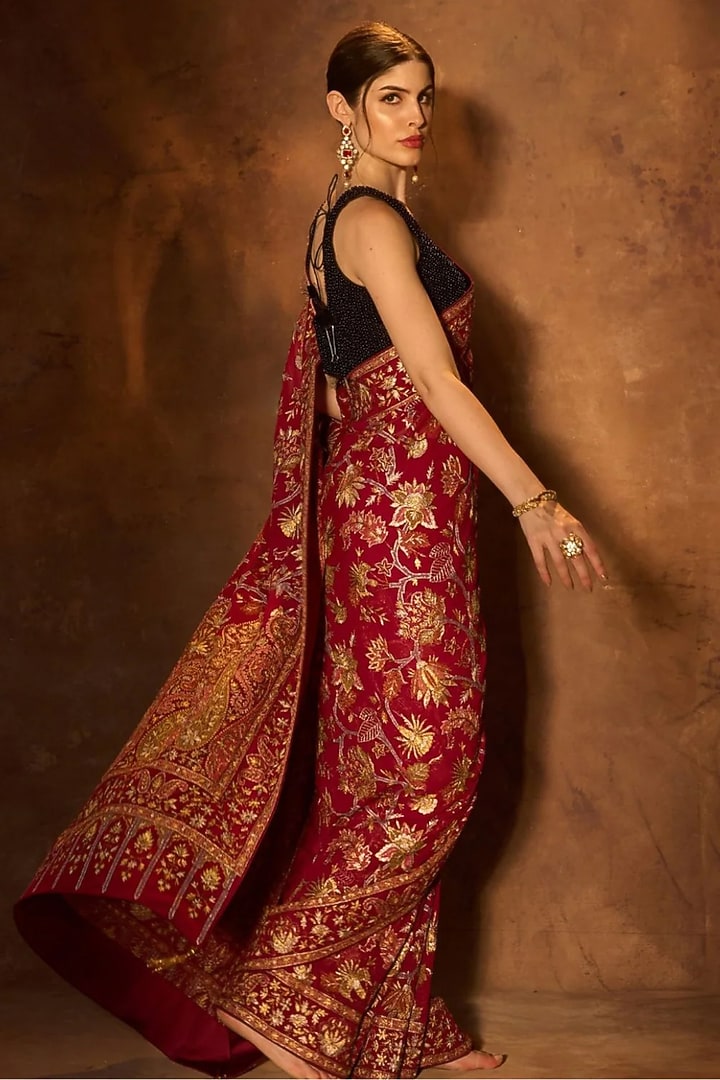Wine Georgette Resham Embroidered Bridal Saree by Dareaab by Sonia k Mahajan at Pernia's Pop Up Shop