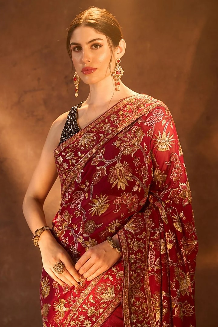 Wine Georgette Resham Embroidered Bridal Saree by Dareaab by Sonia k Mahajan at Pernia's Pop Up Shop