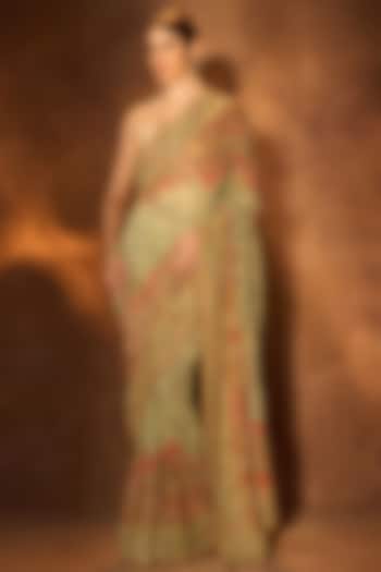 Pistachio Georgette Zardosi Embroidered Bridal Saree by Dareaab by Sonia k Mahajan at Pernia's Pop Up Shop