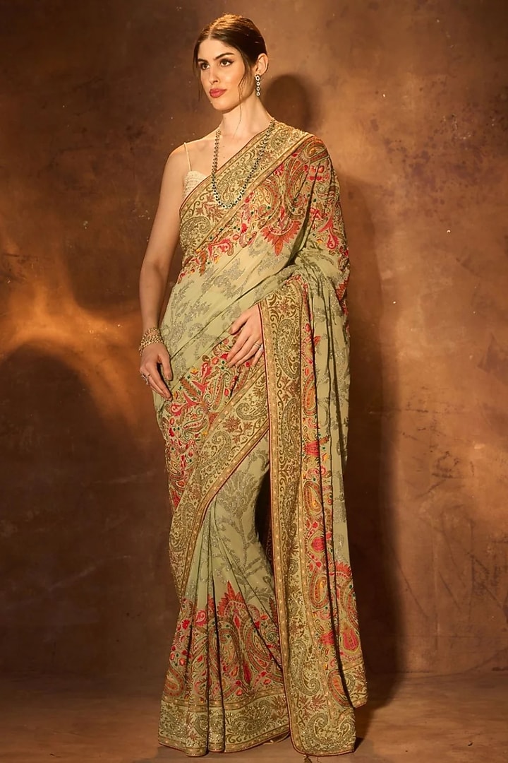 Pistachio Georgette Zardosi Embroidered Bridal Saree by Dareaab by Sonia k Mahajan at Pernia's Pop Up Shop