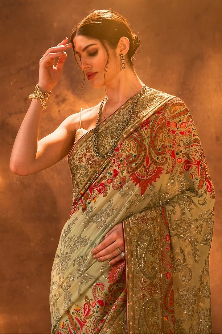 Pistachio Georgette Zardosi Embroidered Bridal Saree by Dareaab by Sonia k Mahajan at Pernia's Pop Up Shop