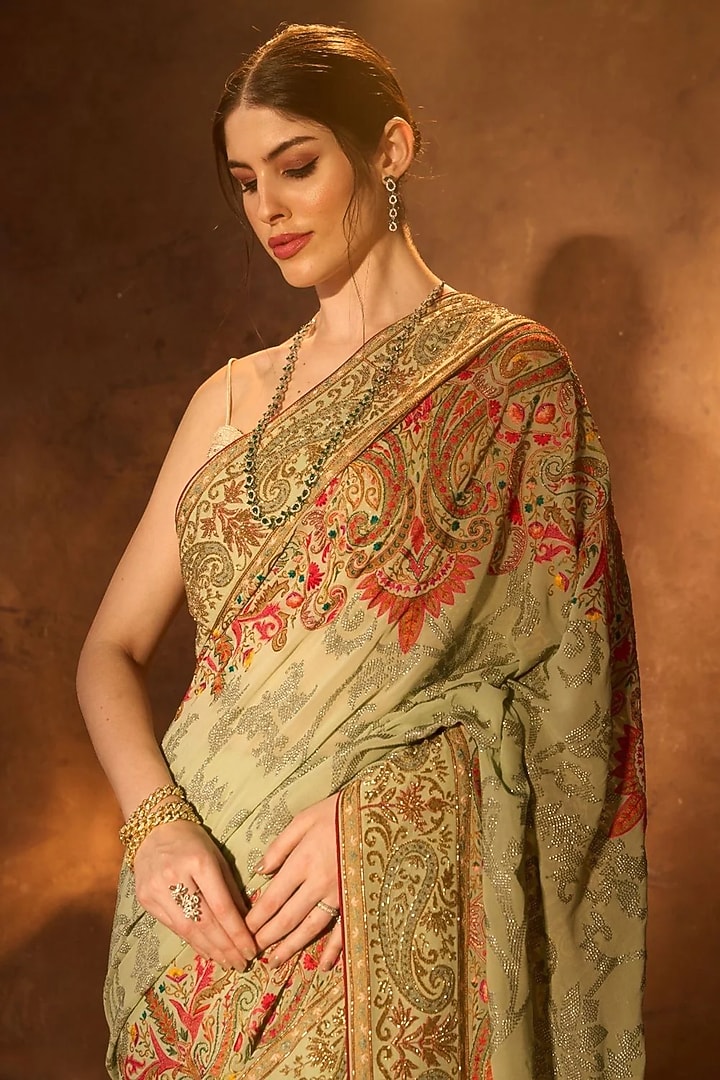Pistachio Georgette Zardosi Embroidered Bridal Saree by Dareaab by Sonia k Mahajan at Pernia's Pop Up Shop