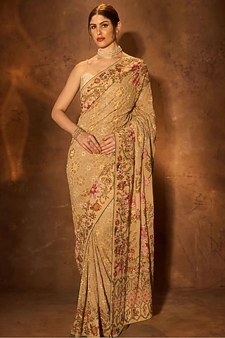 Peach & Lime Georgette Zardosi Embroidered Saree by Dareaab by Sonia k Mahajan