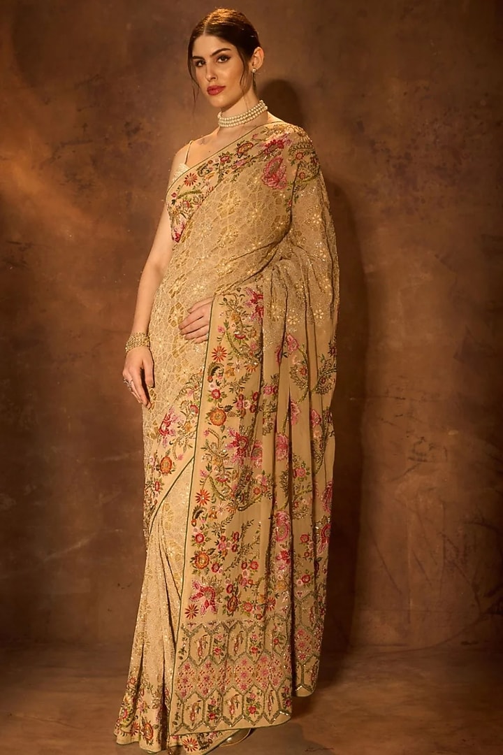 Peach & Lime Georgette Zardosi Embroidered Bridal Saree by Dareaab by Sonia k Mahajan at Pernia's Pop Up Shop