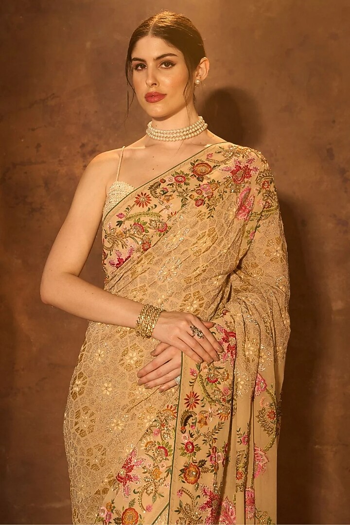 Peach & Lime Georgette Zardosi Embroidered Bridal Saree by Dareaab by Sonia k Mahajan at Pernia's Pop Up Shop