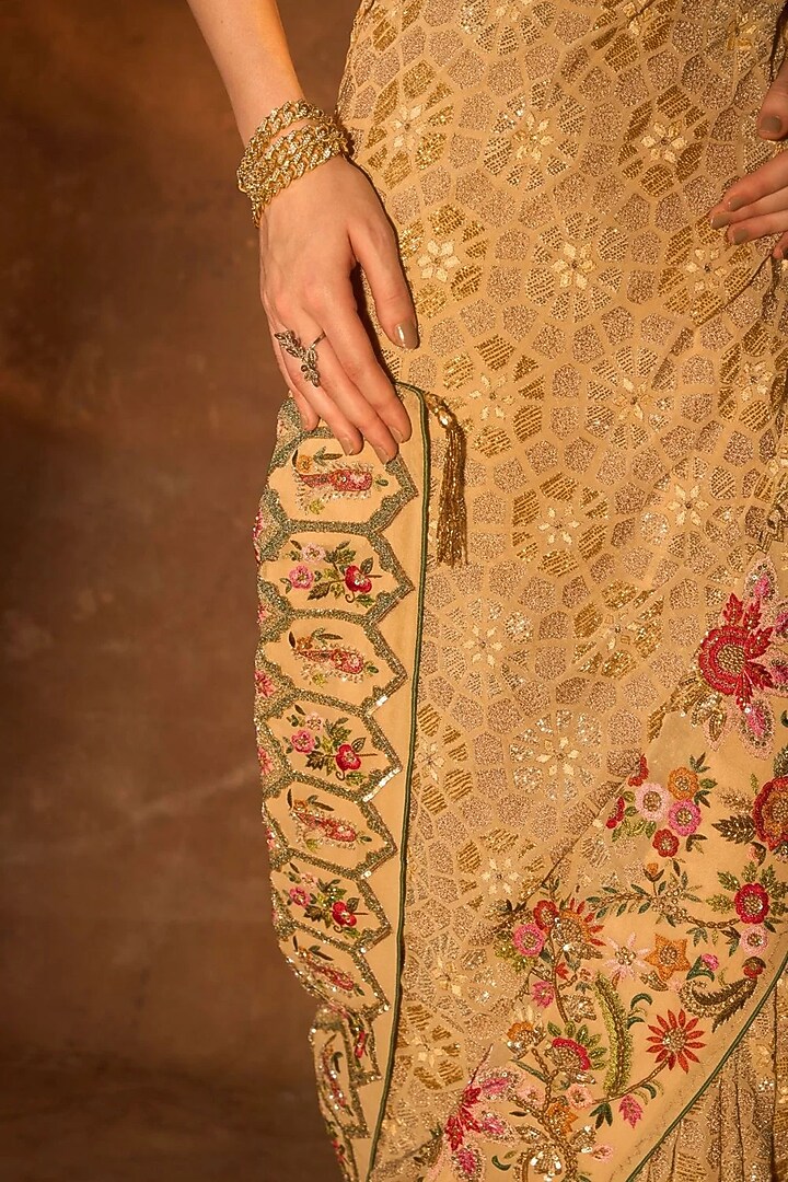 Peach & Lime Georgette Zardosi Embroidered Bridal Saree by Dareaab by Sonia k Mahajan at Pernia's Pop Up Shop