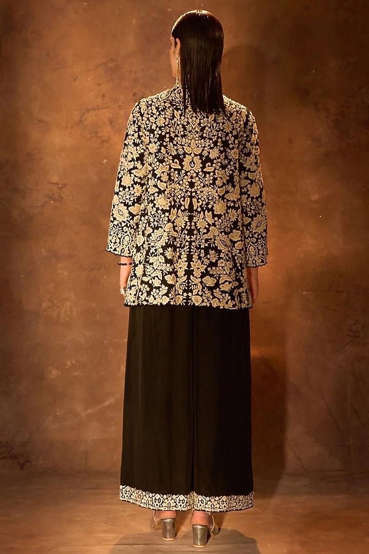 Black Pure Silk Resham Embroidered Jacket Set by Dareaab by Sonia k Mahajan at Pernia's Pop Up Shop