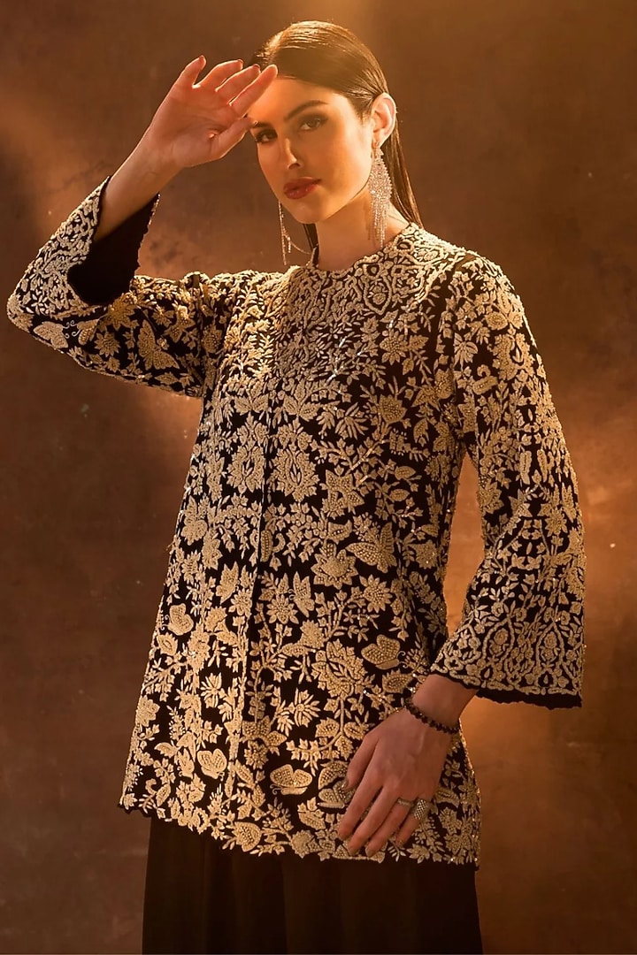 Black Pure Silk Resham Embroidered Jacket Set by Dareaab by Sonia k Mahajan at Pernia's Pop Up Shop