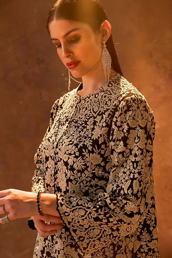 Black Pure Silk Resham Embroidered Jacket Set by Dareaab by Sonia k Mahajan at Pernia's Pop Up Shop