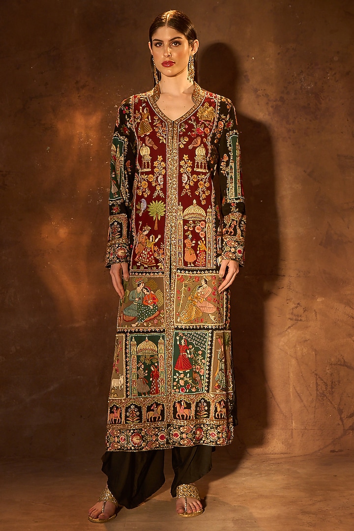 Black Pure Silk Patch Work Jacket by Dareaab by Sonia k Mahajan at Pernia's Pop Up Shop