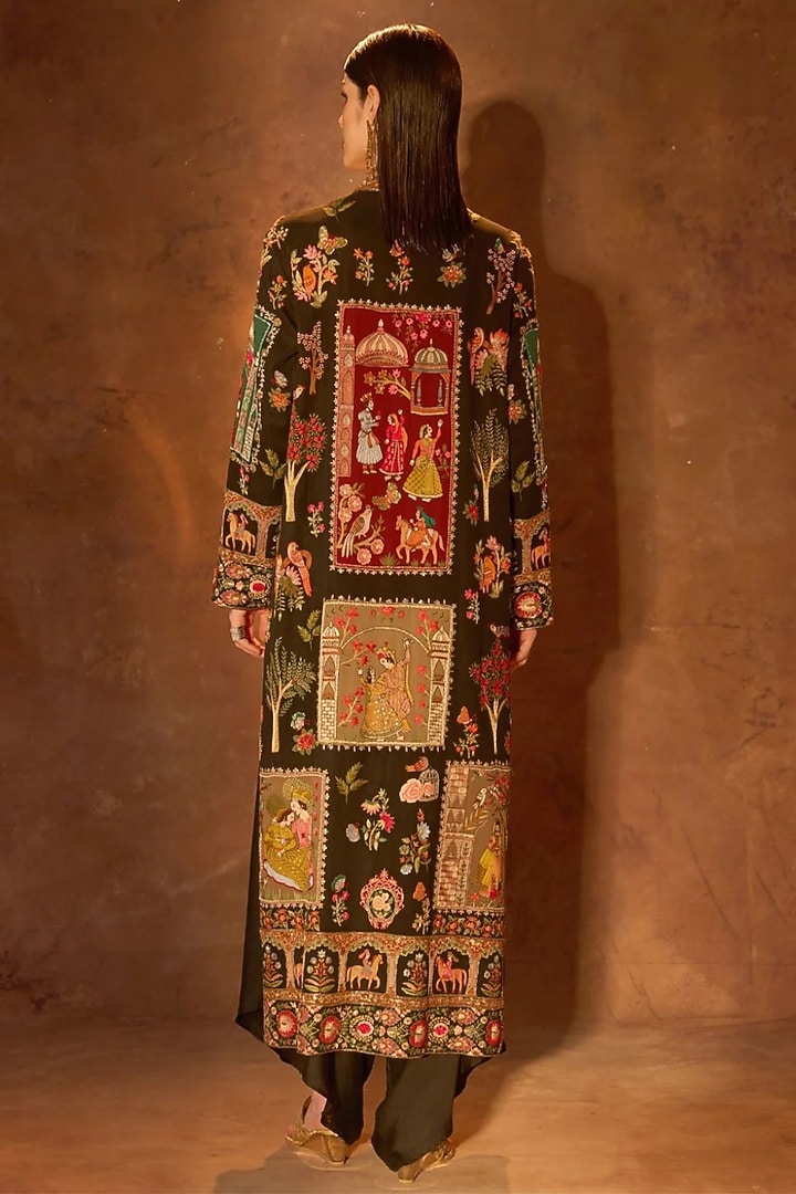 Black Pure Silk Patch Work Jacket by Dareaab by Sonia k Mahajan at Pernia's Pop Up Shop