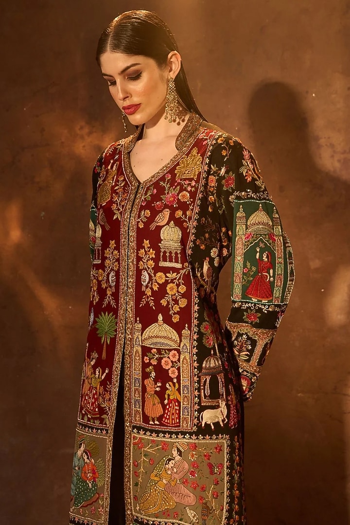 Black Pure Silk Patch Work Jacket by Dareaab by Sonia k Mahajan at Pernia's Pop Up Shop
