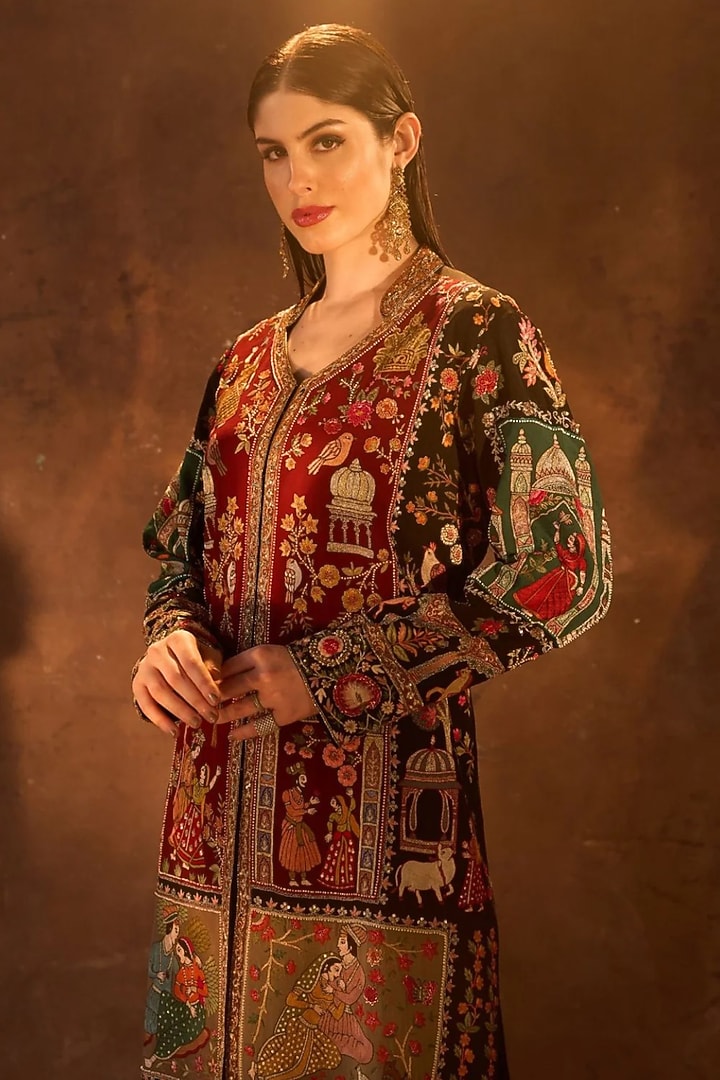 Black Pure Silk Patch Work Jacket by Dareaab by Sonia k Mahajan at Pernia's Pop Up Shop