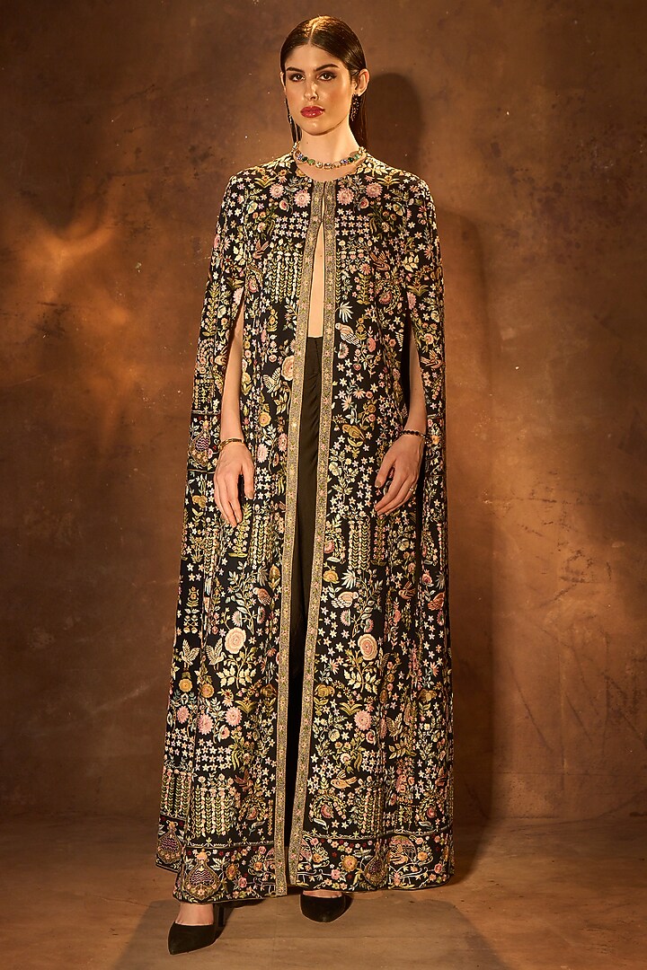 Black Pure Georgette Resham Embroidered Cape by Dareaab by Sonia k Mahajan at Pernia's Pop Up Shop