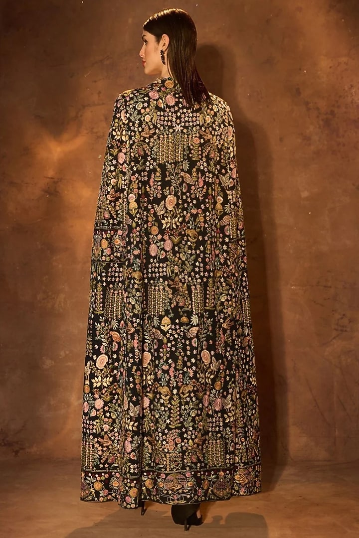 Black Pure Georgette Resham Embroidered Cape by Dareaab by Sonia k Mahajan at Pernia's Pop Up Shop