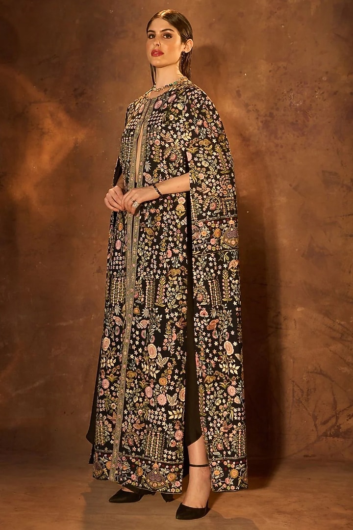 Black Pure Georgette Resham Embroidered Cape by Dareaab by Sonia k Mahajan at Pernia's Pop Up Shop