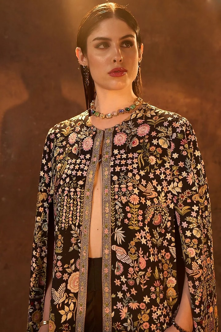 Black Pure Georgette Resham Embroidered Cape by Dareaab by Sonia k Mahajan at Pernia's Pop Up Shop