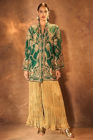 Green Pure Silk Zardosi Work Kimono Jacket by Dareaab by Sonia k Mahajan