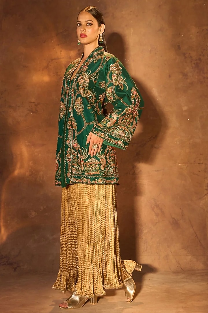 Green Pure Silk Zardosi Work Kimono Jacket by Dareaab by Sonia k Mahajan at Pernia's Pop Up Shop