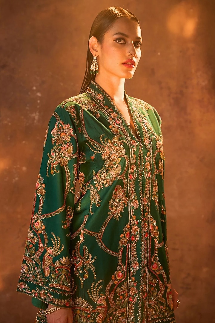 Green Pure Silk Zardosi Work Kimono Jacket by Dareaab by Sonia k Mahajan at Pernia's Pop Up Shop