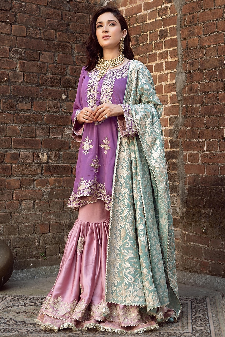 Pink Modal Satin Kashmiri Aari Work Gharara Set by Dareaab by Sonia k Mahajan at Pernia's Pop Up Shop