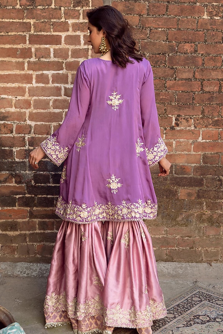 Pink Modal Satin Kashmiri Aari Work Gharara Set by Dareaab by Sonia k Mahajan at Pernia's Pop Up Shop
