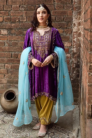 Royal Purple Velvet Zardosi Work Kurta Set by Dareaab by Sonia k Mahajan