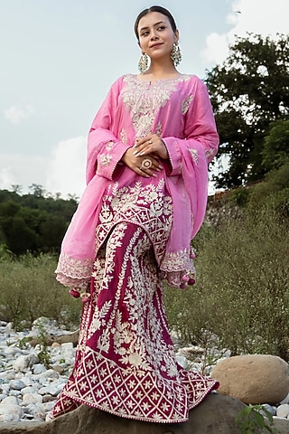 Deep Pink Ombre Cotton Silk Kurta Set by Dareaab by Sonia k Mahajan