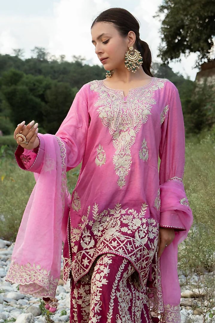 Deep Pink Ombre Cotton Silk Kurta Set by Dareaab by Sonia k Mahajan at Pernia's Pop Up Shop
