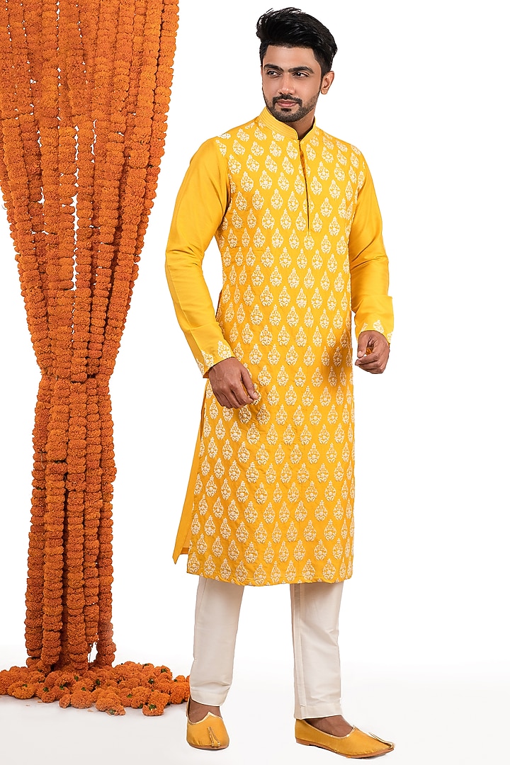 Sunny Yellow Cotton Silk Thread Embroidered Kurta Set by Darshika at Pernia's Pop Up Shop