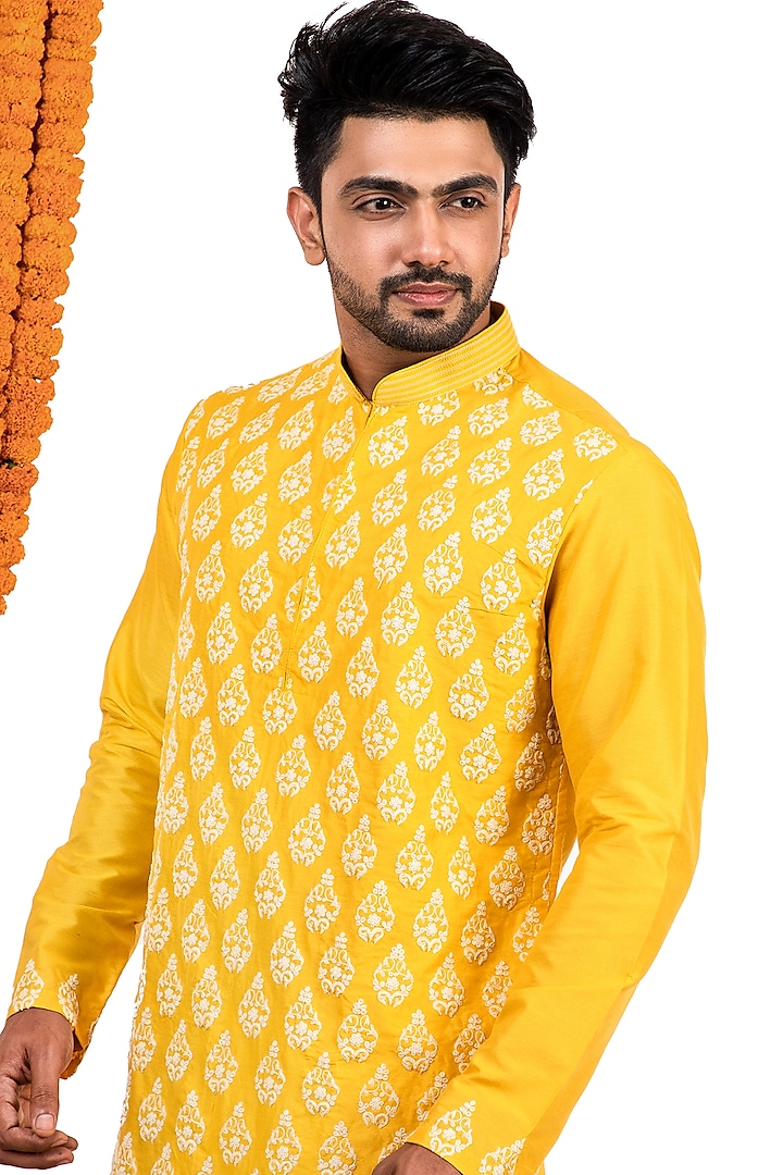 Sunny Yellow Cotton Silk Thread Embroidered Kurta Set by Darshika at Pernia's Pop Up Shop