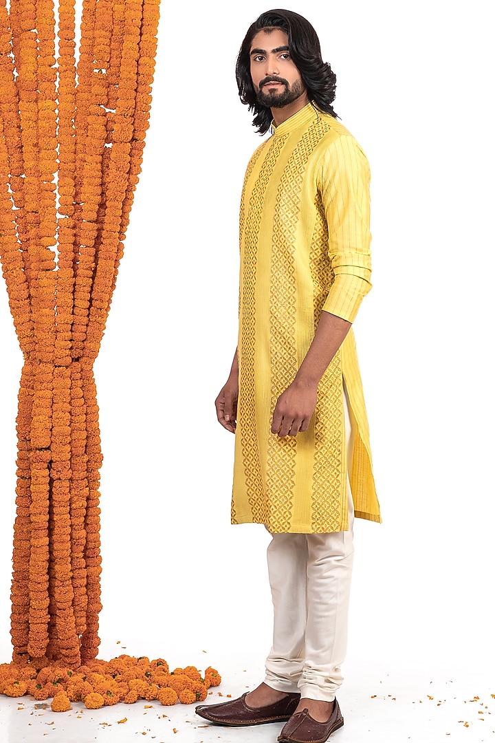 Lemon Yellow Cotton Silk Patch Work Kurta Set by Darshika at Pernia's Pop Up Shop