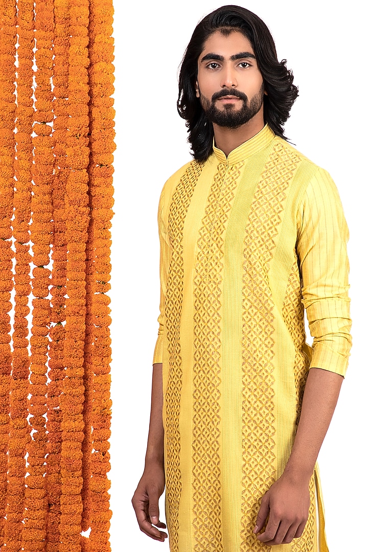 Lemon Yellow Cotton Silk Patch Work Kurta Set by Darshika at Pernia's Pop Up Shop