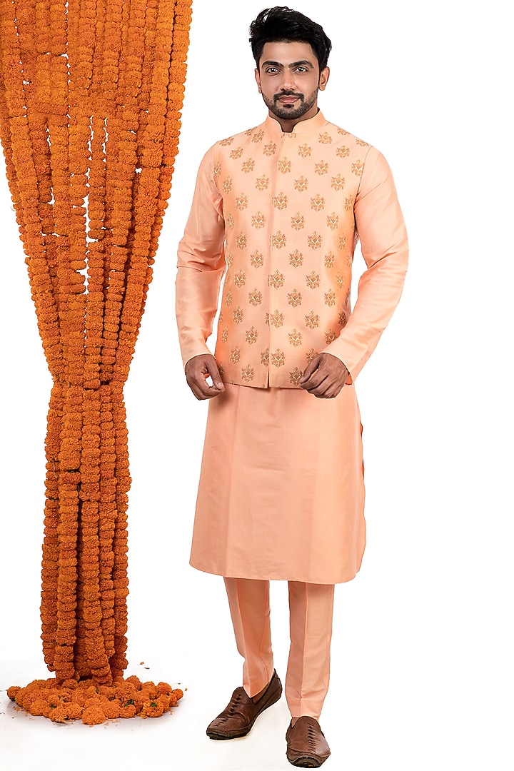 Peach Kurta Set With Hand Embroidered Bundi Jacket by Darshika at Pernia's Pop Up Shop