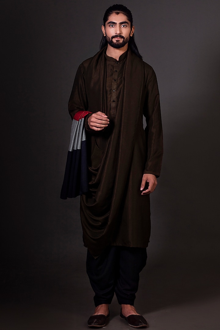 Olive Green Draped Kurta With Attached Stole by Darshika