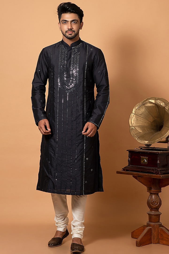 Deep Blue Kurta Set With Mirror Work by Darshika at Pernia's Pop Up Shop