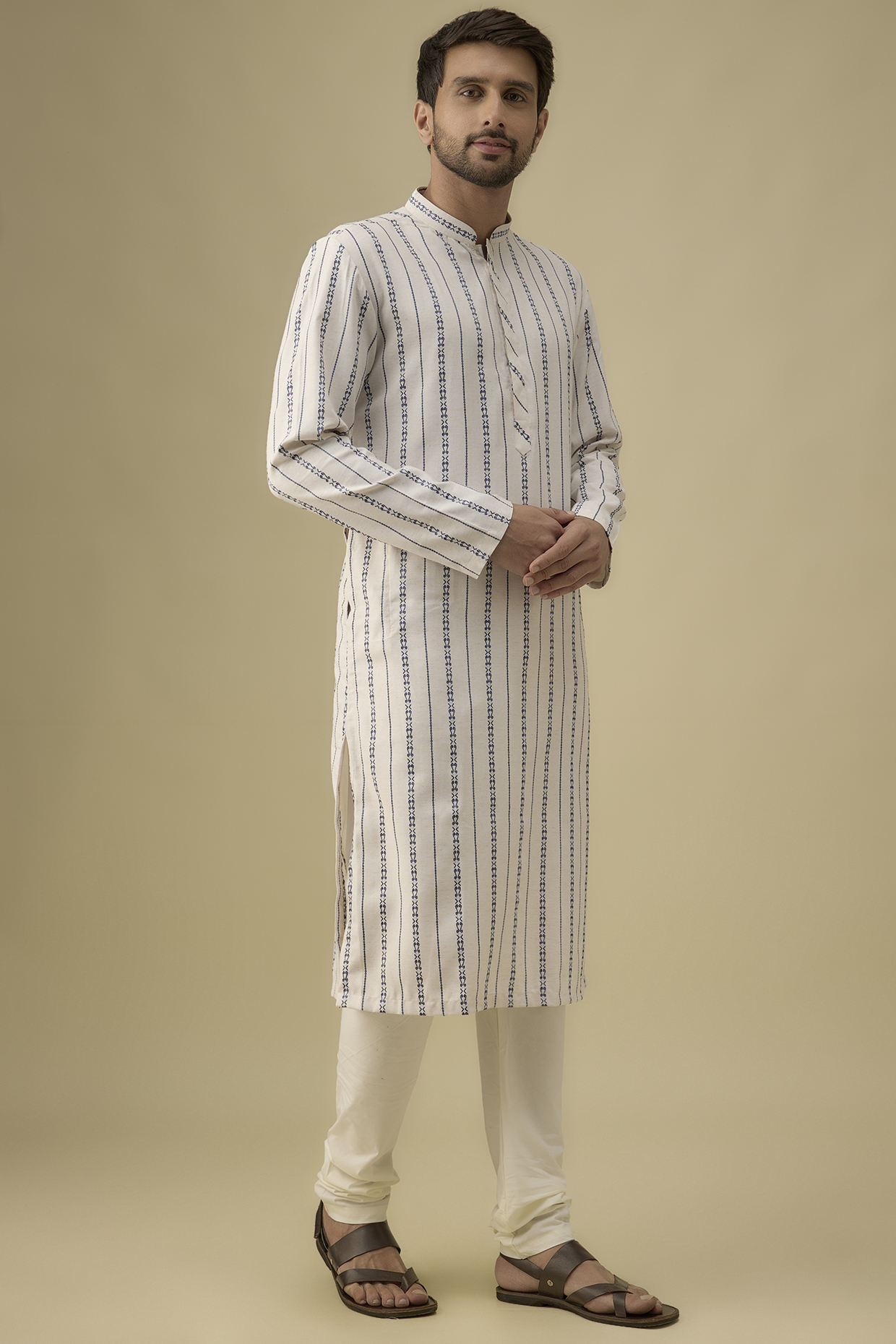 Off-White Cotton Striped Kurta Set by Darshika