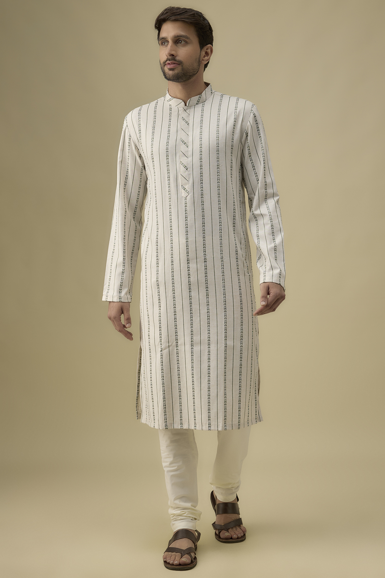 Off-White Cotton Striped Kurta Set by Darshika