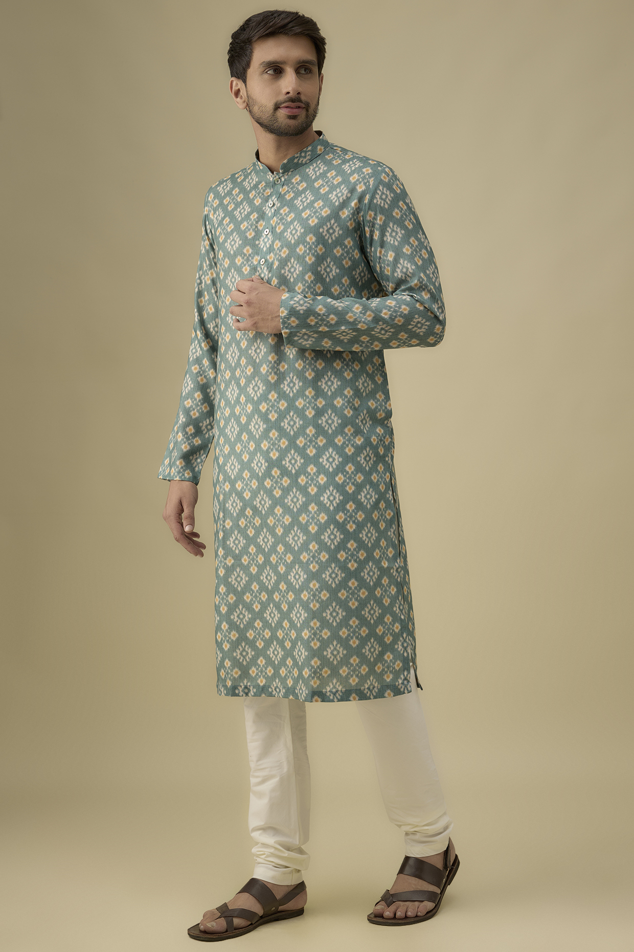 Blue Cotton Ikat Printed Kurta Set by Darshika