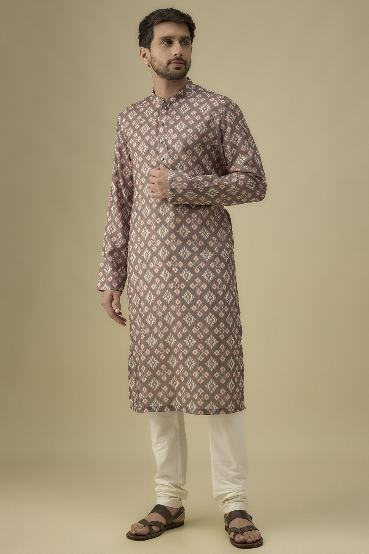 Brown Cotton Ikat Printed Kurta Set by Darshika