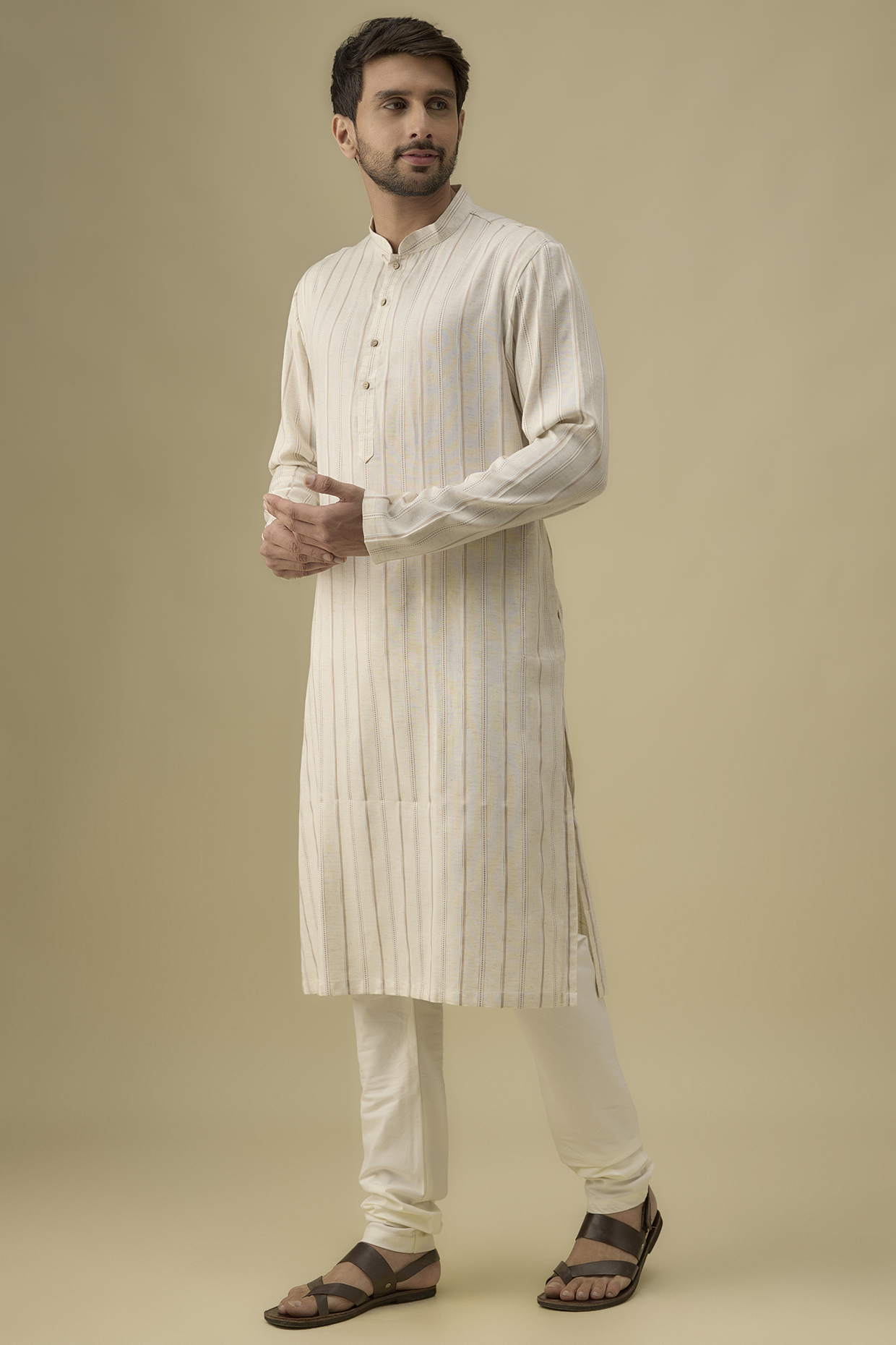 Off-White Cotton Striped Kurta Set by Darshika