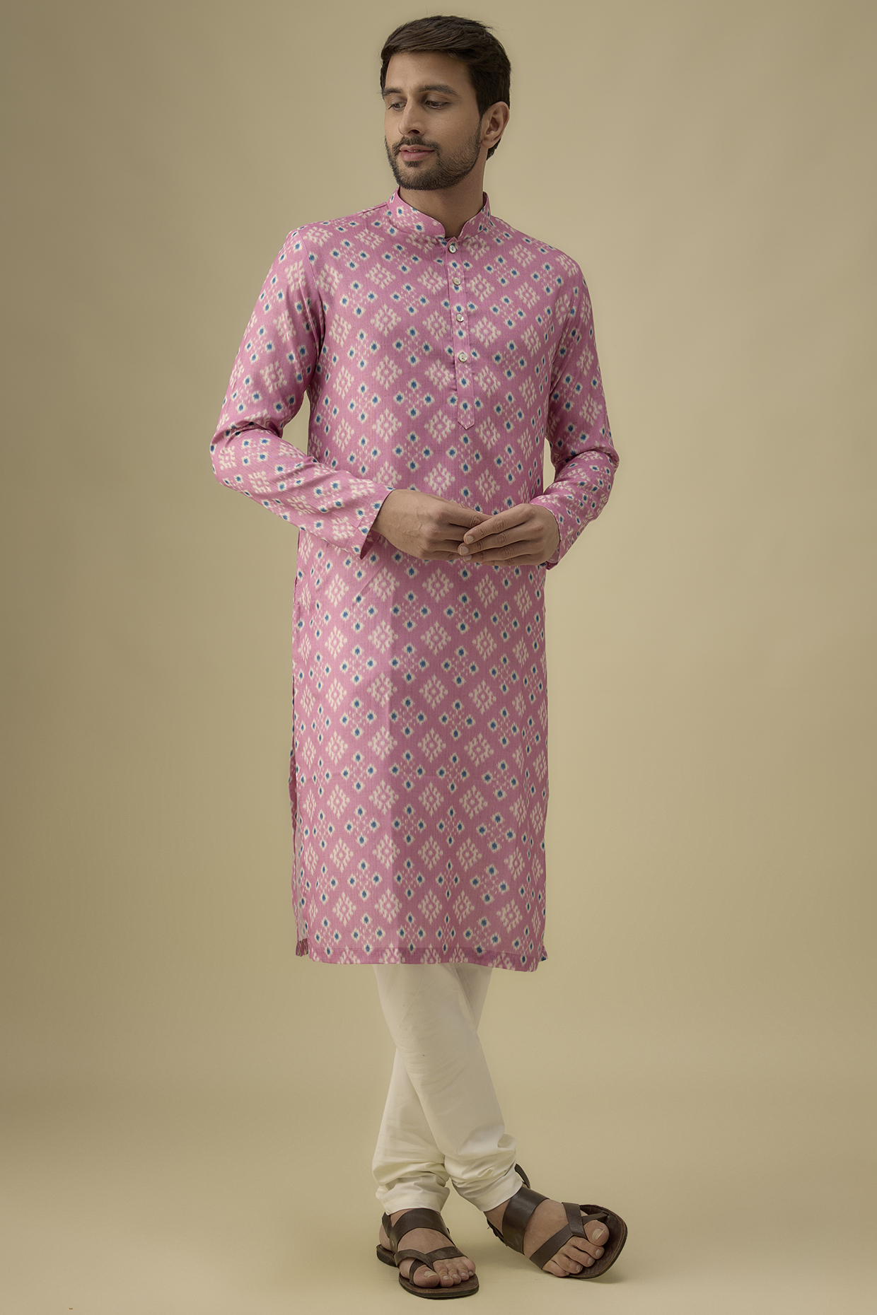 Pink Cotton Ikat Printed Kurta Set by Darshika