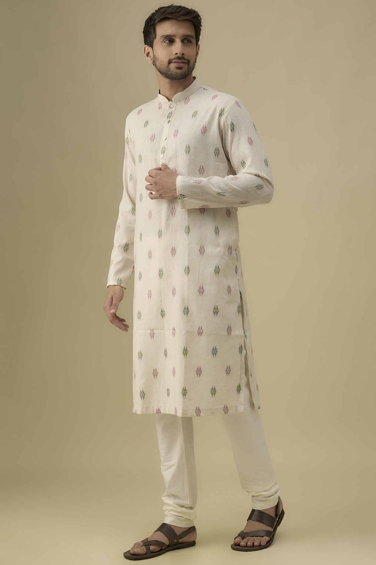 Off-White Cotton Motif Kurta Set by Darshika
