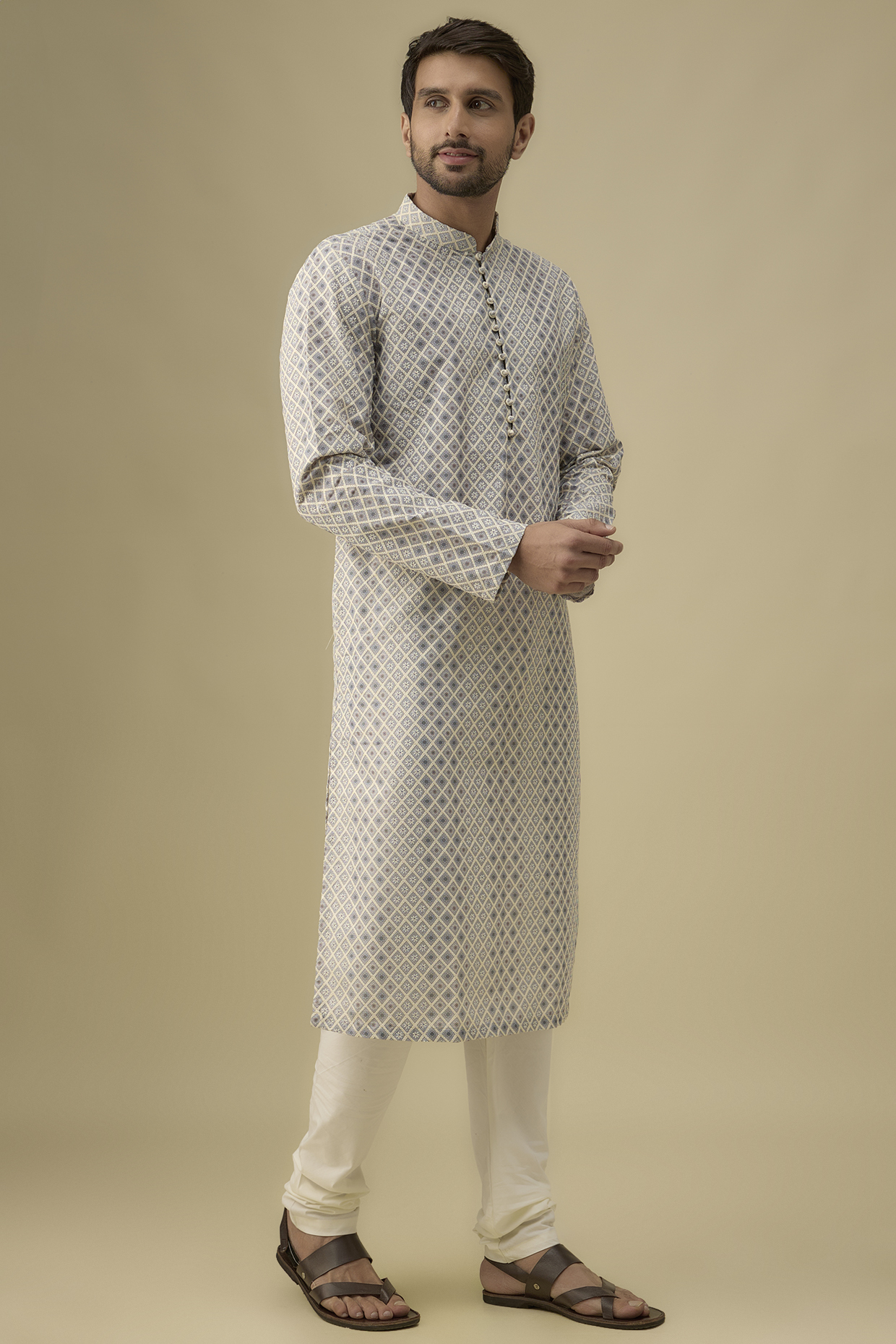 Grey Cotton Floral Printed Kurta Set by Darshika