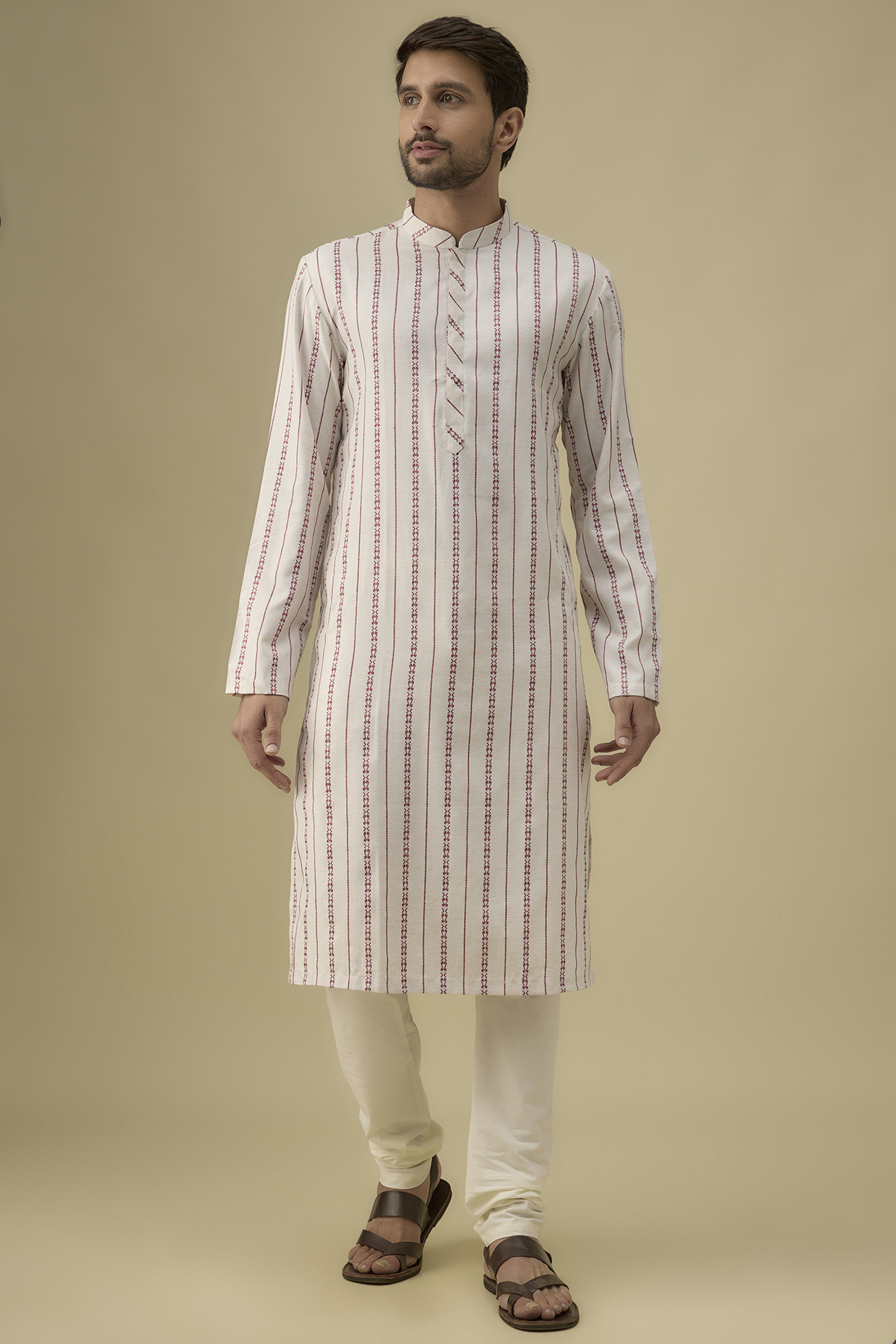 Off-White Cotton Striped Kurta Set by Darshika