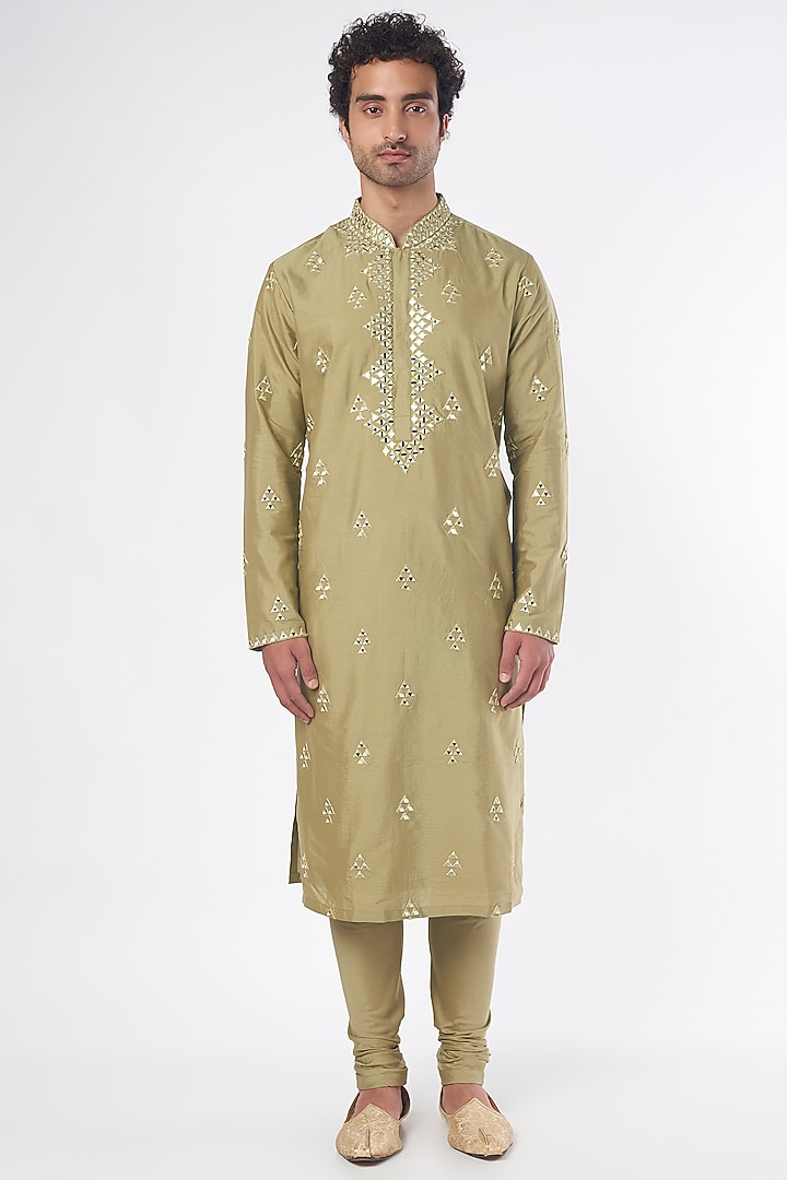 Mehendi Green Cotton Silk Mirror Work Kurta Set by Darshika at Pernia's Pop Up Shop