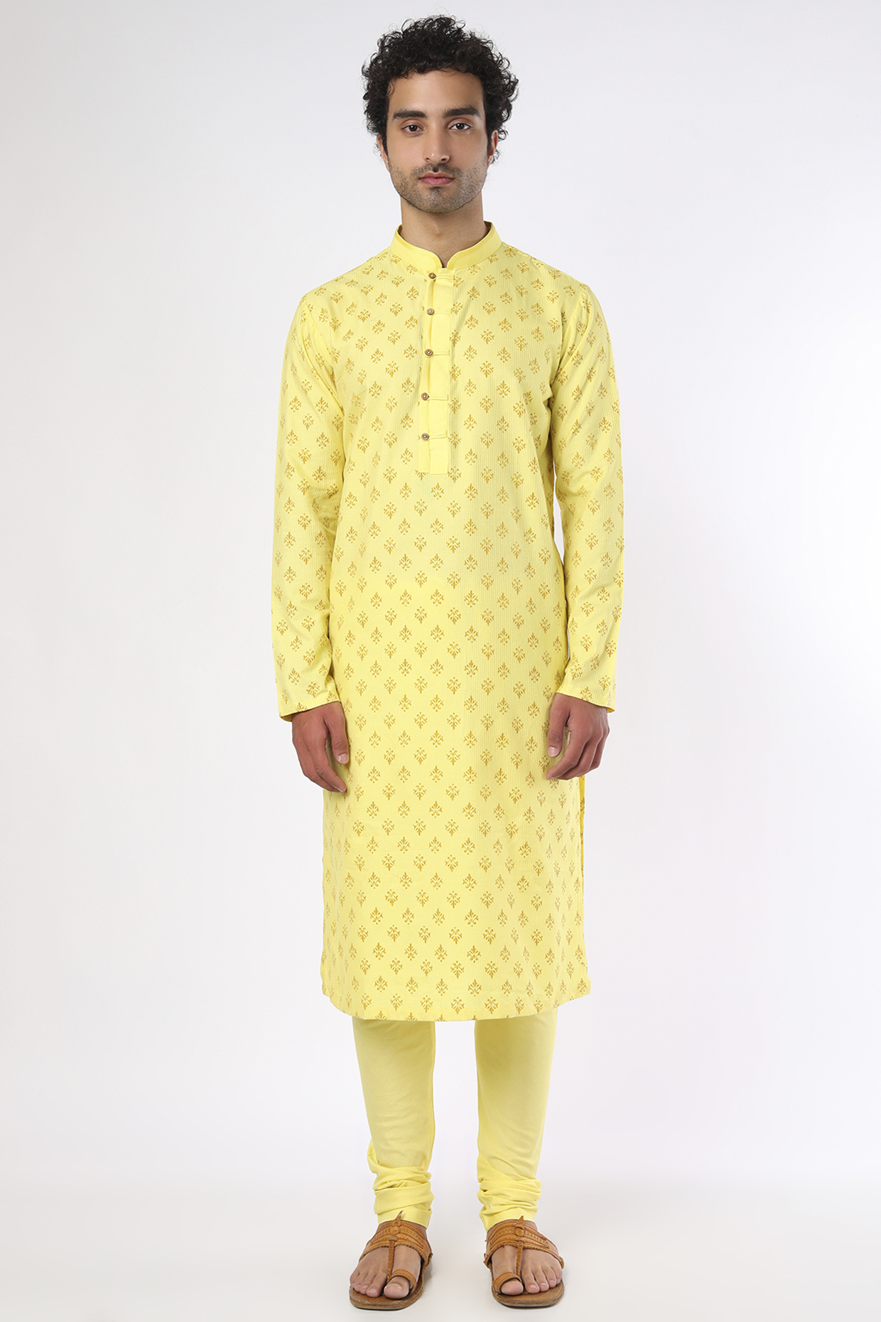 Lemon Yellow Cotton Silk Hand Painted Kurta Set by Darshika at Pernia's Pop Up Shop