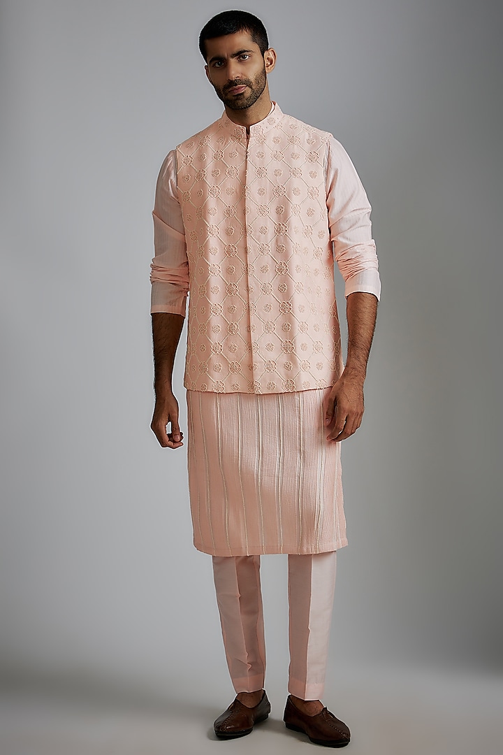 Pink Cotton Silk Printed & Hand Embroidered Nehru Jacket Set by Darshika